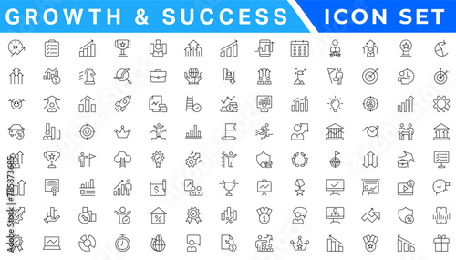 Growth and success line icons collection. Big UI icon set in a flat design. Thin outline icons pack. Vector illustration