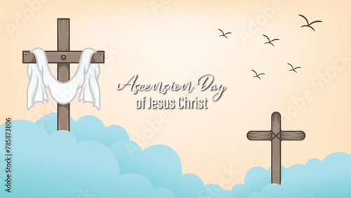 design for celebration of the Ascension of Jesus Christ. with ornaments of heavenly clouds, hills, Jesus, cross and light