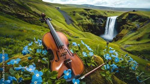 A violin lying evenly on a grassy hill with blue flowers and a waterfall, bluish sky with white clouds