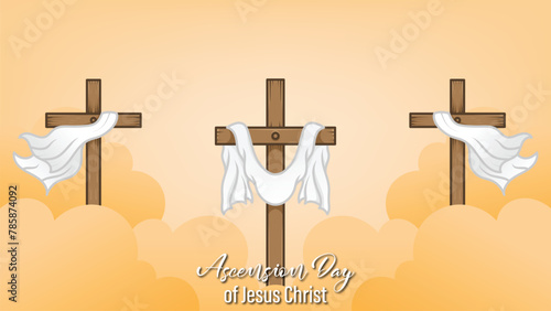 design for celebration of the Ascension of Jesus Christ. with ornaments of heavenly clouds, hills, Jesus, cross and light