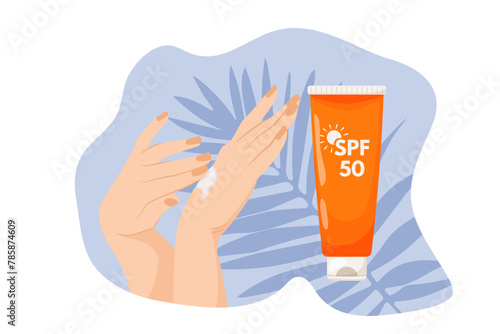 Women's hands apply cream on blue background with palm leaves. Sunscreen moisturizer, sunscreen, sunscreen, skin protection and UV blocking. Vector illustration