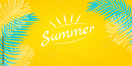 Banner for summer party, sale in trendy bright yellow and green colors with tropical leaves. Tropical background with lettering and palm leaves. Vector illustration