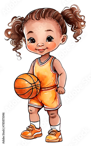 Watercolor and painting cute African American baby doll girl cartoon is playing basketball © Coco