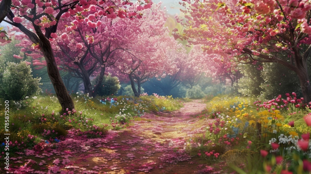 A dazzling display of natures beauty a cherry orchard bursting with bold bright flowers A dazzling display of natures beauty a cherry orchard bursting with bold bright flowers