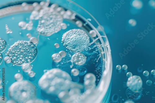 Macro image of water droplets and bacterial colonies on the surface of a nutrient agar in a Petri dish. photo