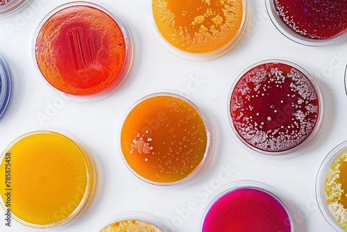 Overhead view of multiple petri dishes with colorful bacterial colonies, each showing different reactions to nutrient agar mediums.