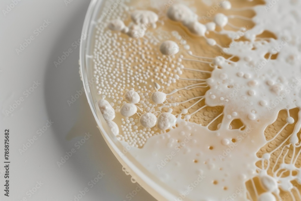 Close-up of a petri dish with various colonies of bacteria on a nutrient agar showing different textures and shades of white.