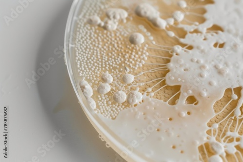 Close-up of a petri dish with various colonies of bacteria on a nutrient agar showing different textures and shades of white.