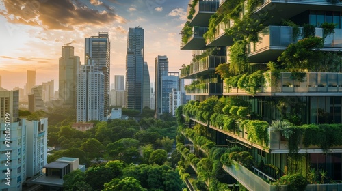 A city skyline with trees and greenery flourishing alongside tall buildings representing the progress of ecofriendly energy practices in urban areas. . photo