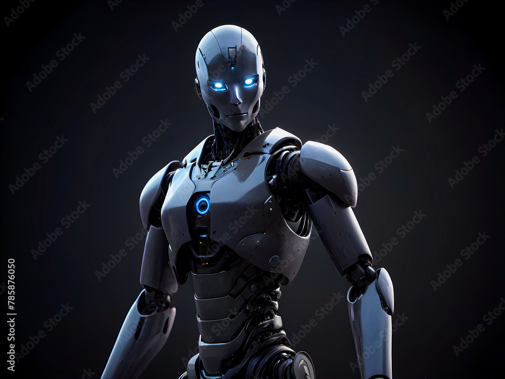 Futuristic Modern Humanoid Robot in a Dark Room, Artificial Intelligence with robot engineering Futuristic Modern Humanoid Robot in a Dark Room, Artificial Intelligence with robot engineering