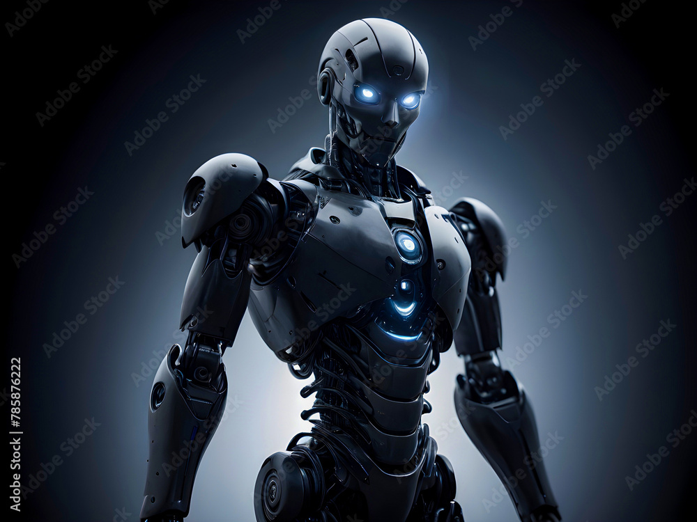 Futuristic Modern Humanoid Robot in a Dark Room, Artificial Intelligence with robot engineering Futuristic Modern Humanoid Robot in a Dark Room, Artificial Intelligence with robot engineering