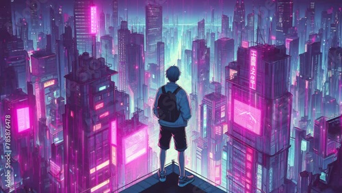 Anime-style boy standing at the top of the building, looking at the cyberpunk neon light city illustration background