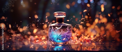 3D visualization of a perfume bottle against a blurred, vibrant firework display,