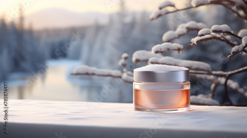 3D visualization of protective skin balm, blurred snowy landscape backdrop, photo