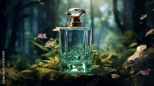 3D visualization of a sleek perfume design in a mystical, blurred enchanted forest,