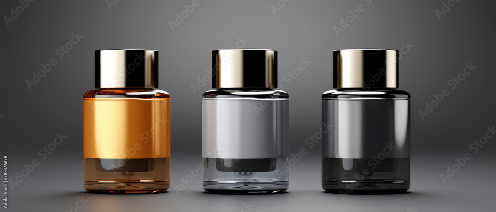 3D image of bespoke skin protection oils, flat sophisticated grey background, 3D image of bespoke skin protection oils, flat sophisticated grey background,
