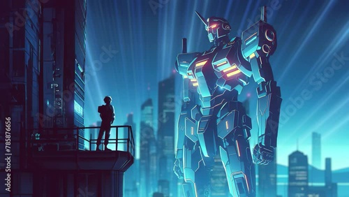 Anime-style boy Standing in front of a big, giant mecha robot, cyberpunk city, 90x anime, mecha illustration background