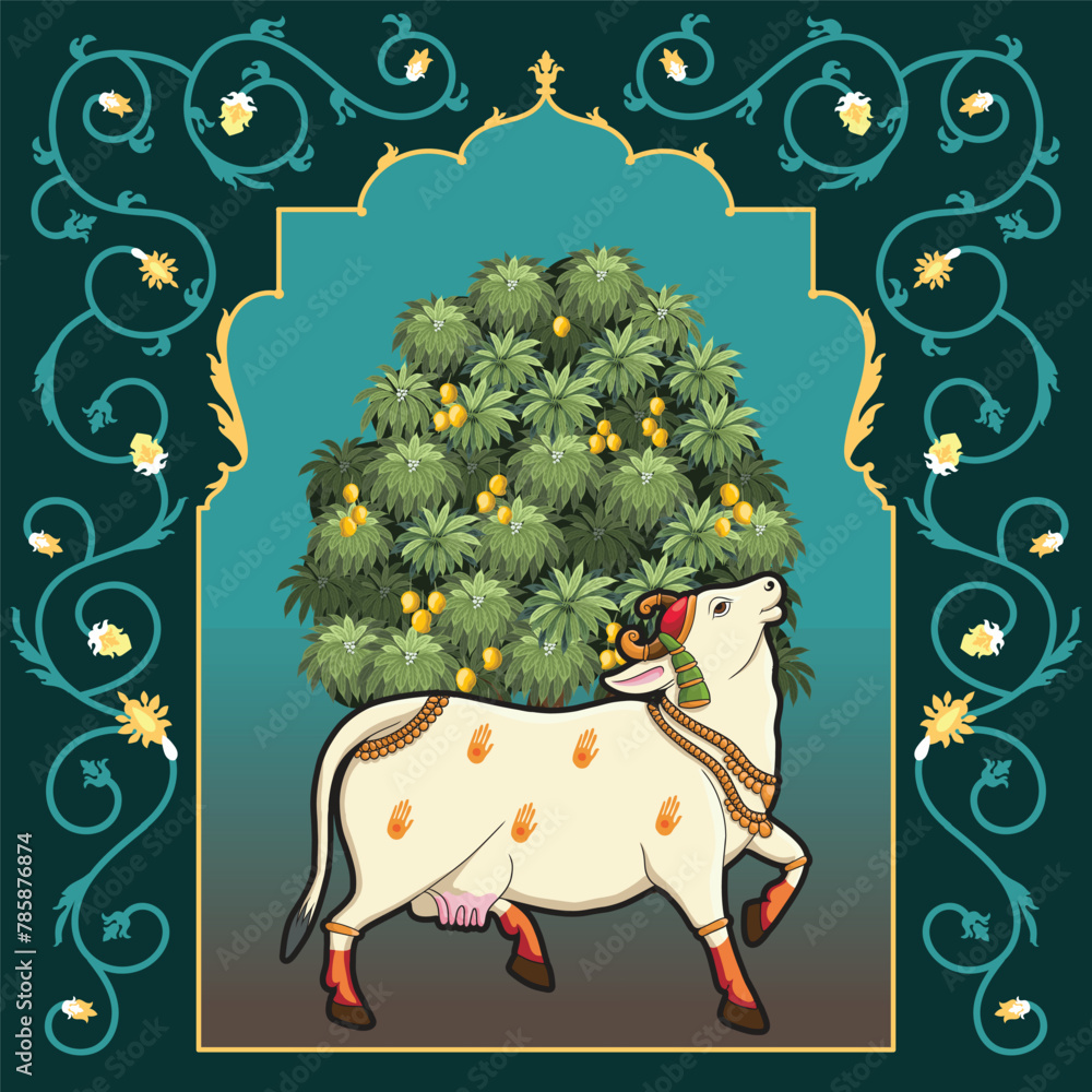 Indian Rajasthani Miniature painting with Happy looking up Pichwai cow - obrazy, fototapety, plakaty 