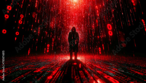 A dark web theme with a powerful visual twist. Dominating the foreground, a torrent of bright red ones and zeros falling code in front of a hodded cyber crime hacker figure photo