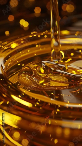 Close-up of sesame oil in realistic style with amber gold color and liquid texture. Oil with a light and characteristic aroma evoking richness and flavor.