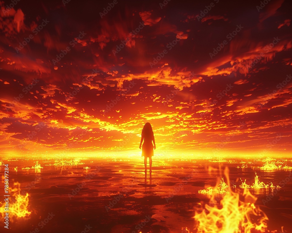 Obscura flame horizon, chemicals dance, fiery sky, womans silhouette, 