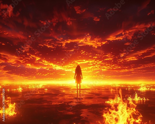 Obscura flame horizon  chemicals dance  fiery sky  womans silhouette  