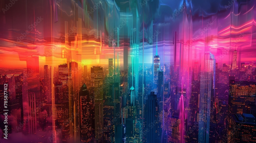 Psychedelic Cityscape: Vibrant Buildings Morphing into Waves of Color