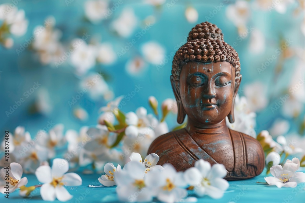 Vesak Day is holy day for Buddhists. Happy Buddha Day with Siddhartha Gautama statue with white flowers on blue background. Mental health and meditation concept. copy space with generative ai 