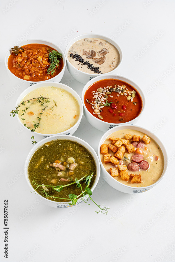 diifferent soup on the white background diifferent soup on the white background