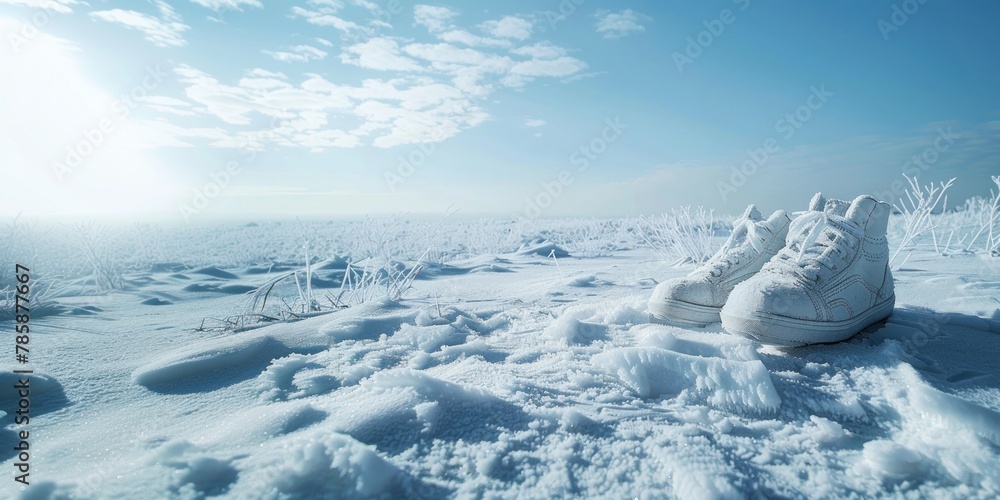 A pair of white high-top sneakers resting on a snow-covered ground with frosty vegetation and a clear blue sky in the background. - obrazy, fototapety, plakaty 
