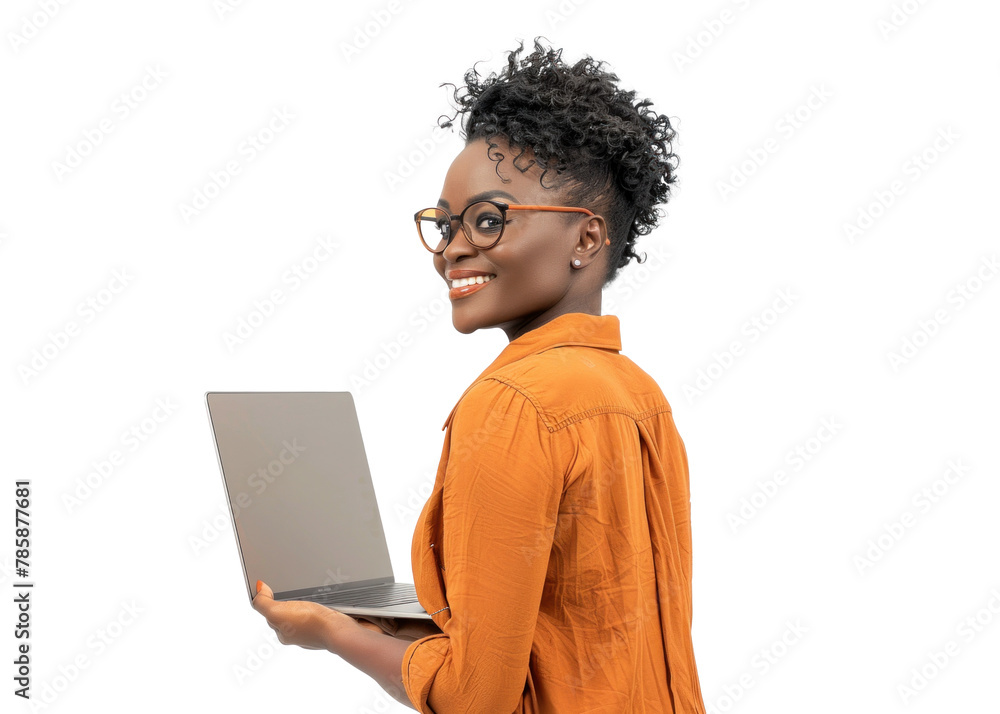 Young Woman with Laptop on Transparent Young Woman with Laptop on Transparent