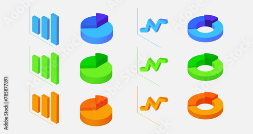 Vector of 4 type of chart (Column, pie, line and doughnut) in 3D isometric style with 3 color option.