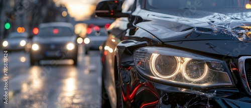 the front end of a black car after an accident, with traffic in the background with damaged headlights and dents in the hood
