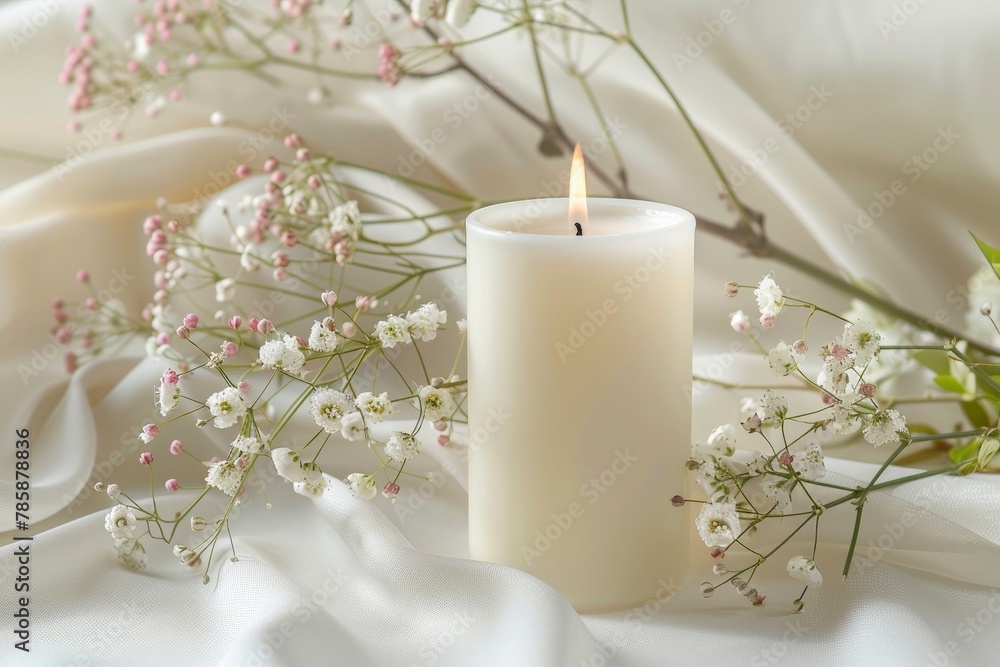 a white background with a fragrant candle - obrazy, fototapety, plakaty 
