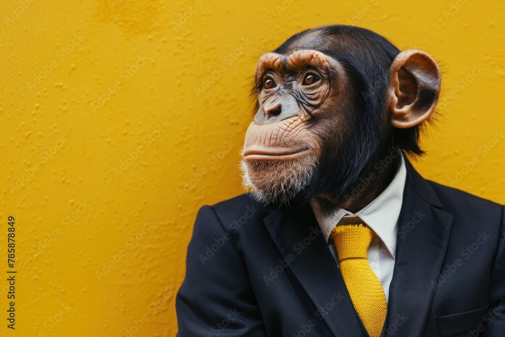 Chimpanzee in a business suit looking to the side, on a yellow background. Chimpanzee in a business suit looking to the side, on a yellow background.