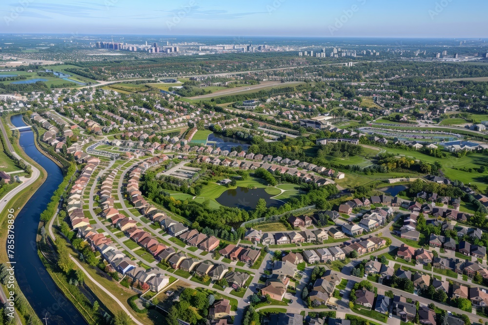 A sprawling suburban development with a mix of single-family homes, townhouses, and condominiums, surrounded by parks, playgrounds, and walking trails, Generative AI