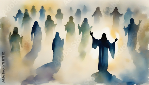 Watercolor painting of Jesus Christ appears to his followers. photo