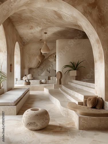 Modern Interior Design of Curved Sandstone Living Room with Earth Tones
