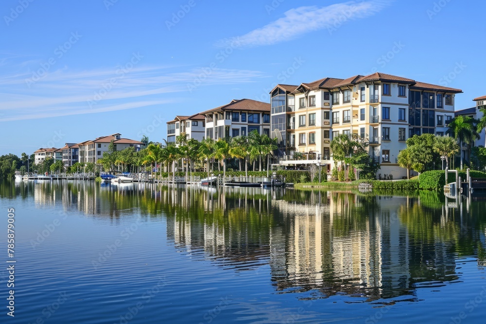 A waterfront condominium complex overlooking a serene lake or ocean, with luxury apartments, private marinas, and resort-style amenities, Generative AI A waterfront condominium complex overlooking a serene lake or ocean, with luxury apartments, private marinas, and resort-style amenities, Generative AI