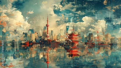 Global Fusion: Surreal Cityscape of Cultural Symbols