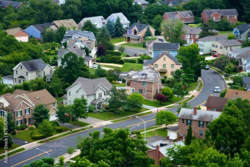 An aerial view of a suburban neighborhood with rows of colorful houses, lush green lawns, and tree-lined streets, capturing the essence of community living, Generative AI