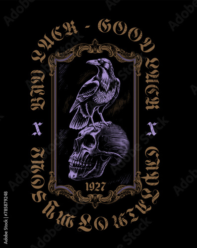 Art design of urban skull with crow, 'bad luck - good luck' message, halloween style, victorian illustration, gothic font. Capture the essence of the urban print