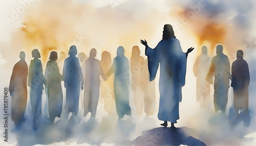 Watercolor painting of Jesus Christ appears to his followers. photo