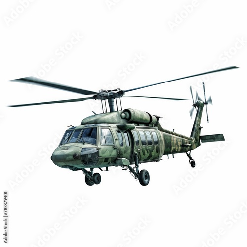 Isolated military helicopter with camouflage paint, depicted in the air, with landing gear extended.