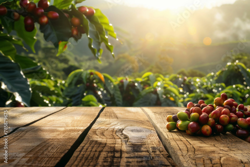 wooden table with red coffee beans and coffee plantation at sunset on the background