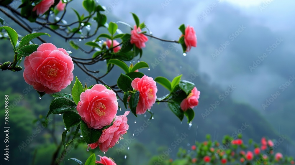 Gorgeous camellias hanging in the mountains early in the morning after a significant rain