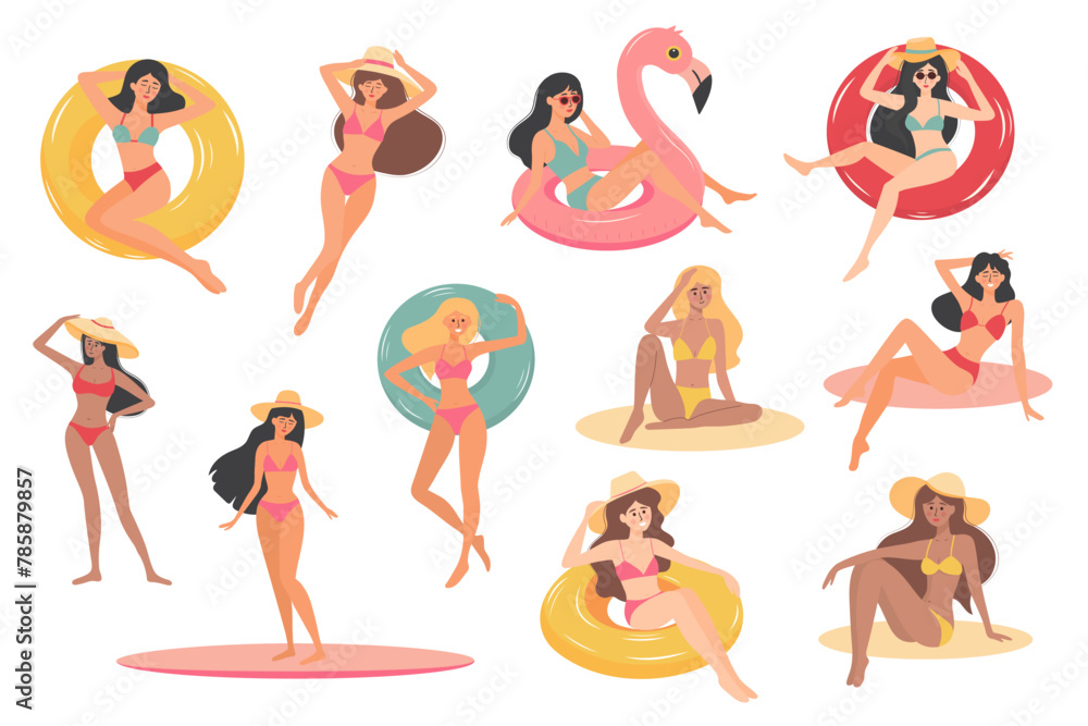 Beautiful summer girls in swimsuits with different skin colors. Women in bikinis on inflatable rings, on a surfboard, sunbathing, relaxing. Beautiful summer girls in swimsuits with different skin colors. Women in bikinis on inflatable rings, on a surfboard, sunbathing, relaxing.