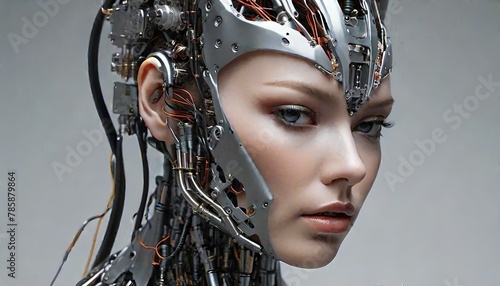 An artificial intelligence robot with a female human face. Generative AI.