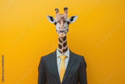 Giraffe in a business suit with a tie on a yellow background. © evgenia_lo