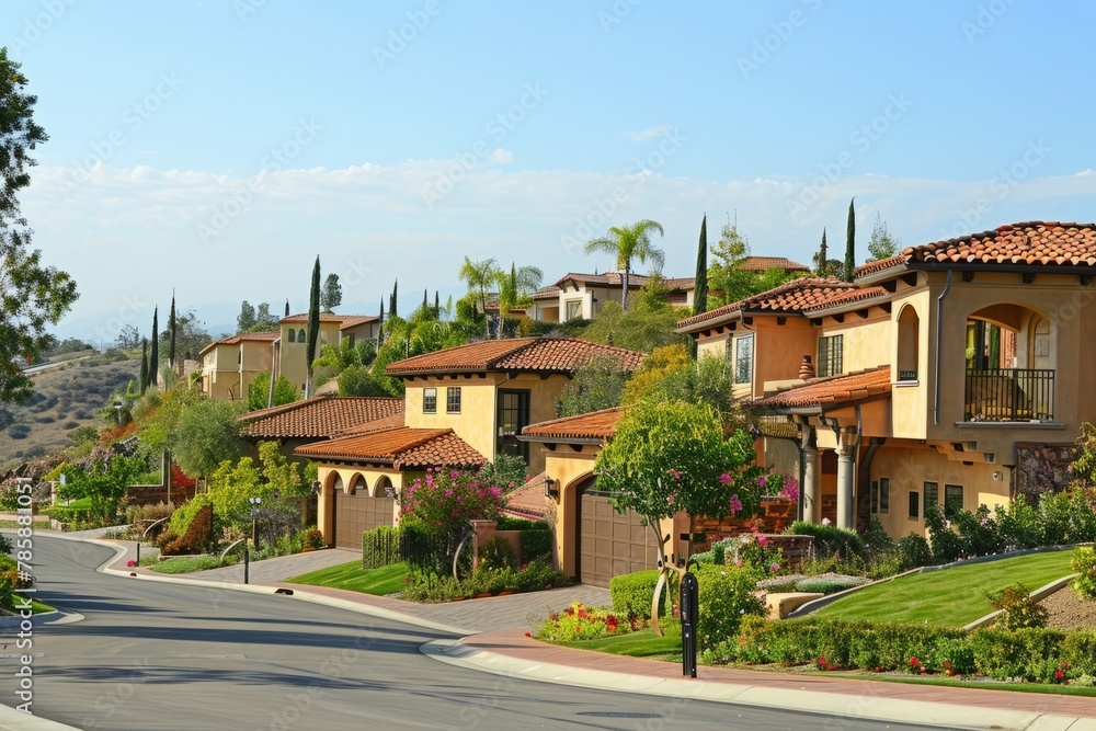 An upscale gated community nestled in the rolling hills, offering panoramic views, spacious estates, and exclusive amenities such as golf courses and country clubs, Generative AI